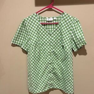 du co Women's Green Gingham Button Down Shirtw ruffle sleeves